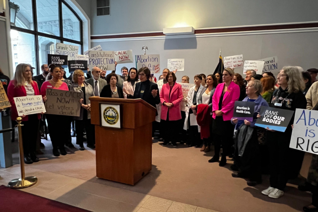 Rep. Alexis Simpson speaks at NH House Dems Press Conference behind a large crowd of supporters holding signs.