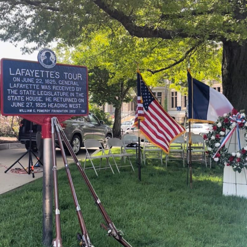 A Lafayette trail marker outside the State House in Concord. (Courtesy Mrinali Dhembla)
