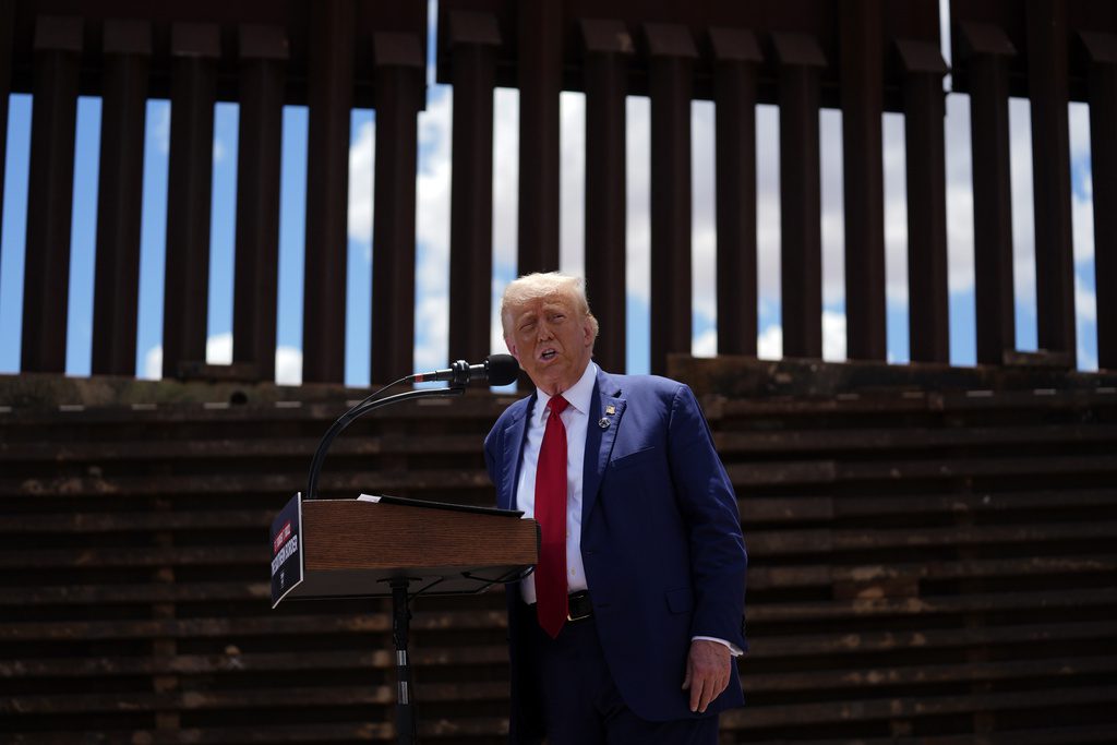 FILE - Republican presidential nominee former President Donald Trump speaks along the southern border with Mexico, on Aug. 22, 2024, in Sierra Vista, Ariz. (AP Photo/Evan Vucci, File)