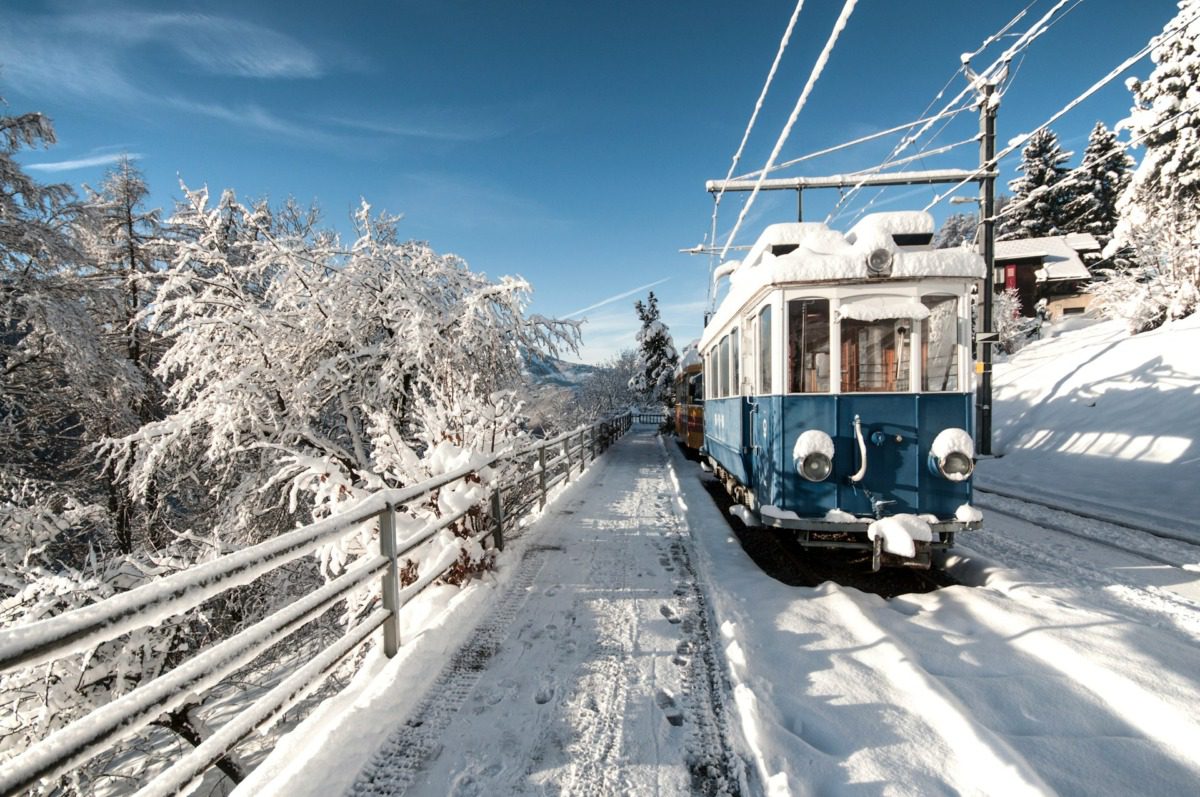 Train ride through winter landscape.