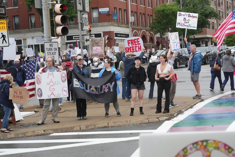 People gathered for No Kings protests holding signs