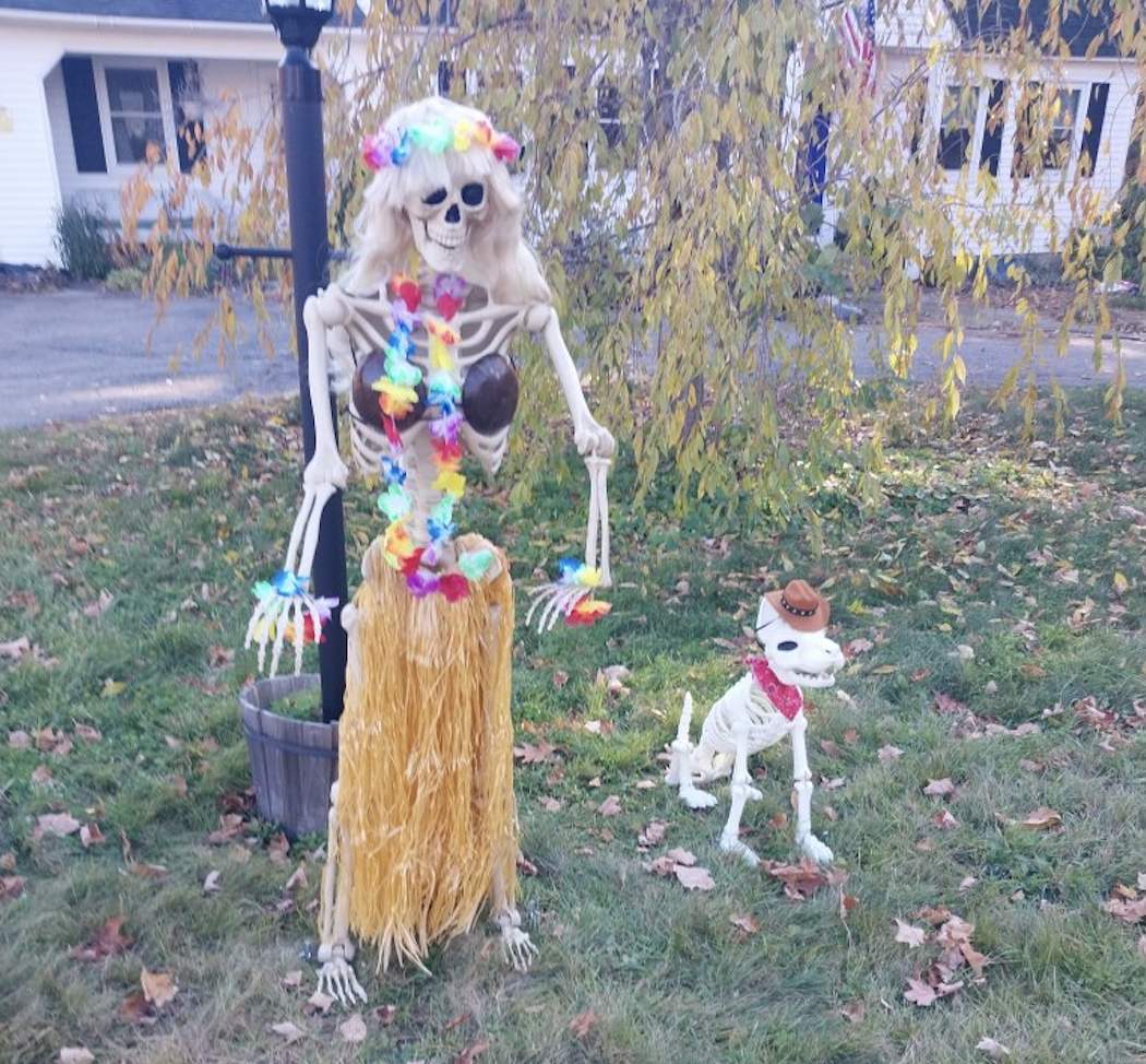 Halloween skeleton decorations featuring Bones in a hula outfit and a skeleton dog